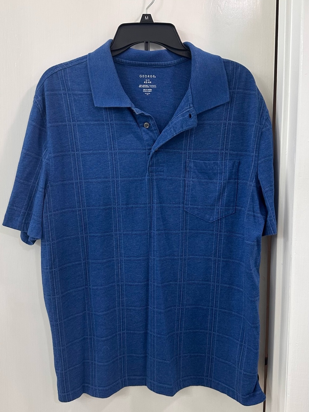 George Men's Navy Blue Short Sleeve Polo with Windowpane Texture